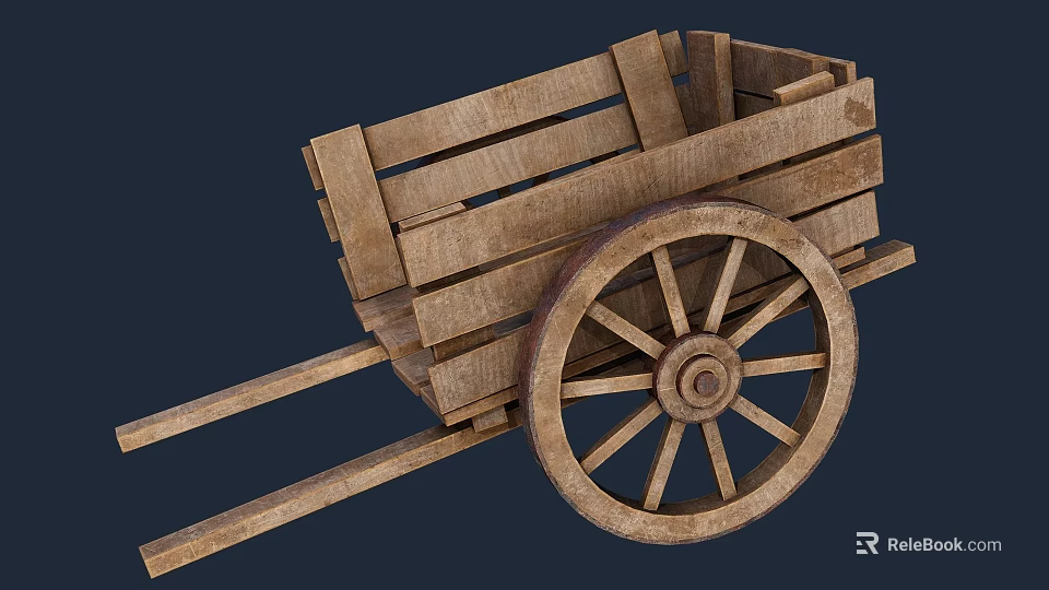 Vintage Wooden Cart with Large Spoked Wheel and Wooden Planks 3d model 