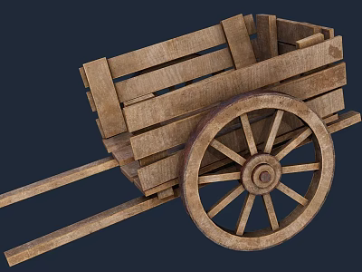 Vintage Wooden Cart with Large Spoked Wheel and Wooden Planks 3d model