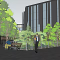 Outdoor Garden Landscape With Lawn Benches People Modern Building And Stairs