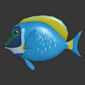 3D Playful Cartoon Fish Character With Blue Body Yellow Stripe And White Wave Patterns
