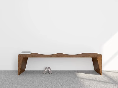 Wooden Bench With Book And Shoes Against White Wall On Gray Floor 3d model