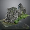 Detailed Rockery Model With Natural Stone Structure And Lush Green Plants On Base