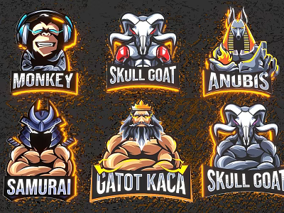Cartoon Style Logo Collection Featuring Monkey Skull Goat Anubis Samurai Gatot Kaca Designs 3d model
