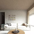 Modern Living Dining Room Interior With White Sofa Round Wooden Coffee Table And Colorful Paintings