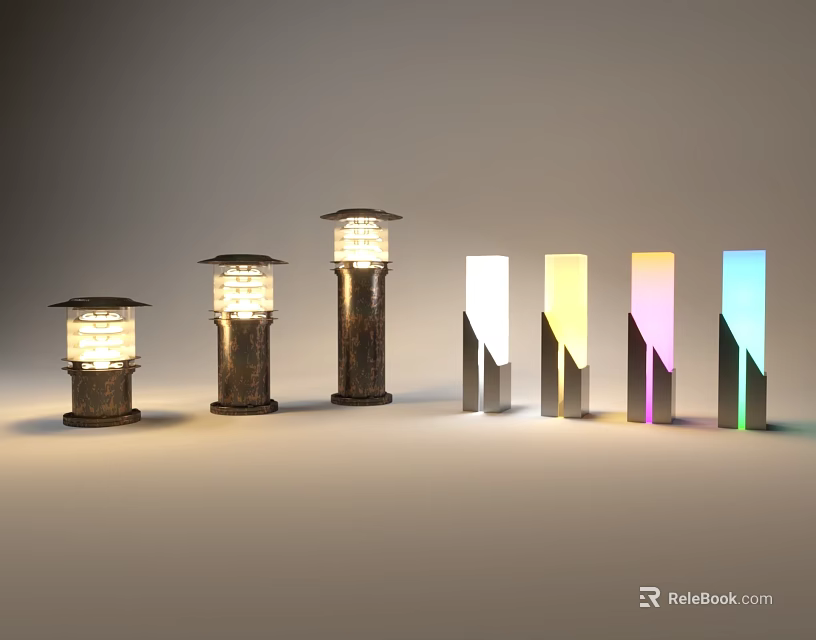 Various Styles Outdoor Lights Featuring Traditional Lanterns And Modern Colorful Columns 3d model 