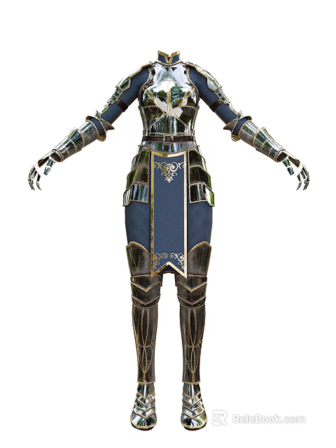 Ornate Medieval Knight Armor with Blue and Gold Metal Plates and Decorative Patterns 3d model 