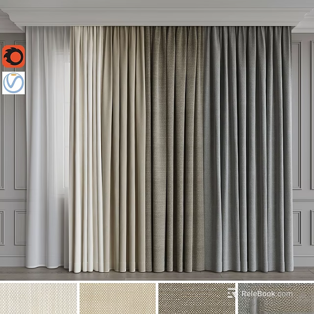 Various Neutral Tones Curtains Drapery For Home Interior Decor Styling 3d model 