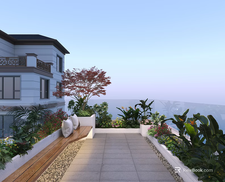 Modern Garden Landscape Design With Stone Pavement Bench Red Maple Tree And Lush Plants 3d model 