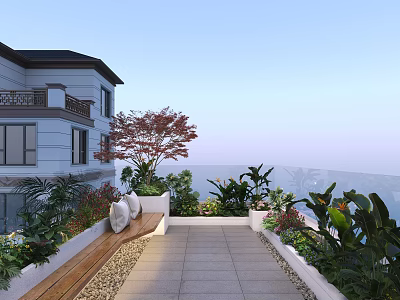 Modern Garden Landscape Design With Stone Pavement Bench Red Maple Tree And Lush Plants 3d model