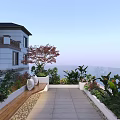 Modern Garden Landscape Design With Stone Pavement Bench Red Maple Tree And Lush Plants