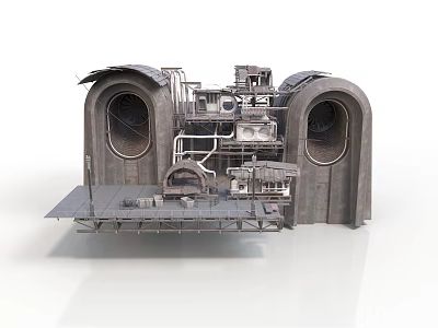 Futuristic Industrial Structure With Circular Portals Metal Platforms And Mechanical Components 3d model