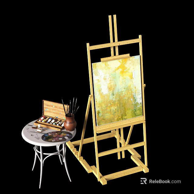 Organized Art Supplies With Wooden Easel Colorful Painting Brushes And Palette On Small Table 3d model 