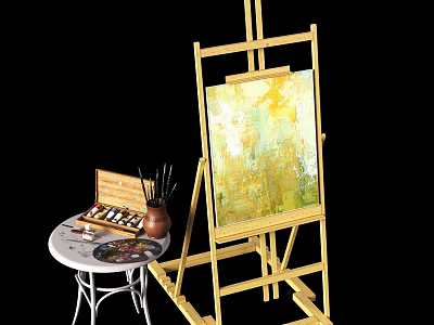 Organized Art Supplies With Wooden Easel Colorful Painting Brushes And Palette On Small Table 3d model
