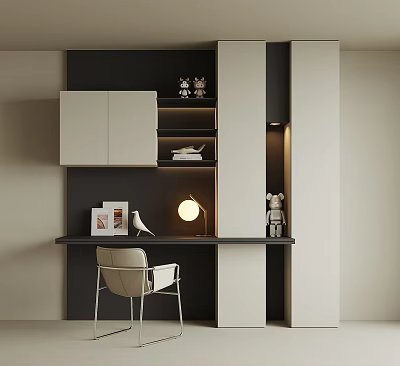 Modern Minimalist White Black Wardrobe With Desk Chair Lamp And Decor Items 3d model