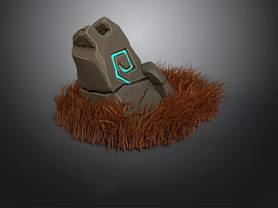 Stone Structure With Glowing Blue Geometric Symbol Surrounded by Brown Grass 3d model