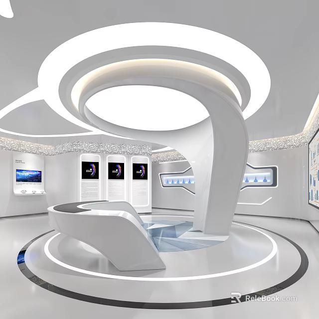 Modern Hi tech Specialty Store Interior With Circular Design Display Screens And White Counter 3d model 