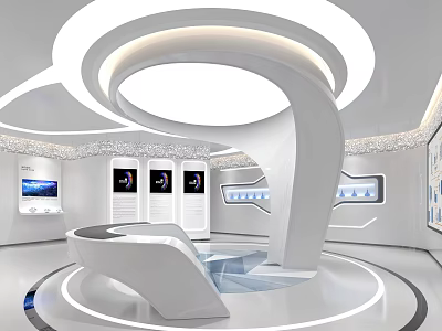Modern Hi tech Specialty Store Interior With Circular Design Display Screens And White Counter 3d model