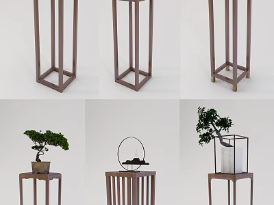 Modern Minimalist Plant Stand With Wooden Frame And Small Potted Plants For Home Decoration 3d model