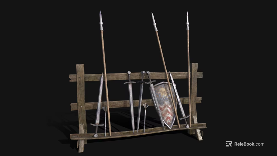 Ancient Medieval Weapons Including Spears Swords And Shield Displayed On Wooden Rack 3d model 