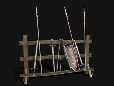 Ancient Medieval Weapons Including Spears Swords And Shield Displayed On Wooden Rack 3d model