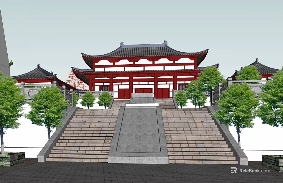 Traditional Chinese Ancient Architecture Featuring Red Exterior Black Roof Curved Eaves And Stone Steps 3d model 