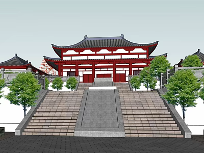 Traditional Chinese Ancient Architecture Featuring Red Exterior Black Roof Curved Eaves And Stone Steps 3d model
