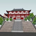Traditional Chinese Ancient Architecture Featuring Red Exterior Black Roof Curved Eaves And Stone Steps