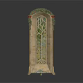 Decorative Architectural Archway With Green Foliage Red Accents And Stained Glass Tree Design