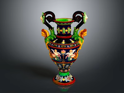 Traditional Decorative Vase With Intricate Dragon Handles And Colorful Ornate Patterns 3d model