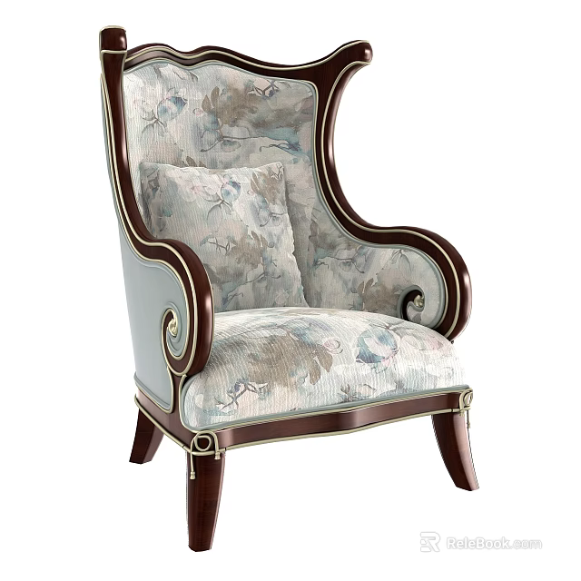 Vintage Accent Chair With Floral Pattern Upholstery And Carved Wooden Armrest Design 3d model 
