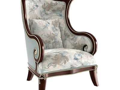 Vintage Accent Chair With Floral Pattern Upholstery And Carved Wooden Armrest Design 3d model