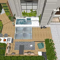 Garden Courtyard Design With Outdoor Sofa Cushions Wooden Fence Bar Counter And Swimming Pool Edge