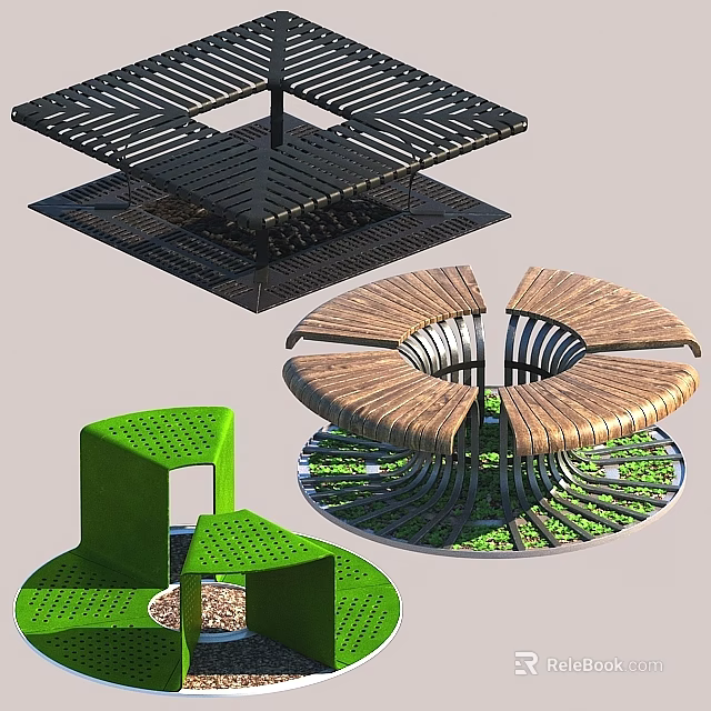 Modern Outdoor Chairs With Slatted Metal Wooden Circular Perforated Design For Garden 3d model 