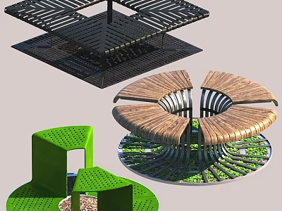 Modern Outdoor Chairs With Slatted Metal Wooden Circular Perforated Design For Garden 3d model
