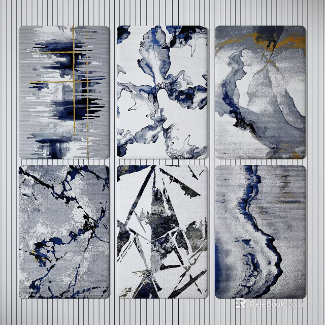 Abstract Pattern Square Rugs in Blue White Gray with Gold Accents for Modern Home Decor 3d model 