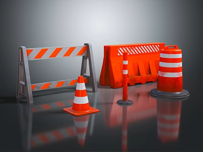 Essential Road Safety Facilities With Traffic Cones Barriers Warning Posts And Reflective Strips 3d model