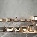 Outdoor Lights With Various Designs Shapes And Styles Displayed On Marble Surface