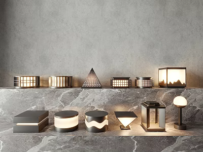 Outdoor Lights With Various Designs Shapes And Styles Displayed On Marble Surface 3d model
