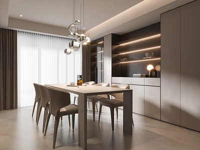 Modern Restaurant Interior Design With Dining Table Chairs Pendant Lights And Ambient Lighting 3d model