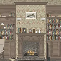 Vintage Office Interior With Wooden Bookshelves Fireplace Chandelier Desk Chair And Area Rug