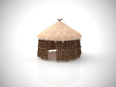 Traditional Rural Thatched Hut With Thatch Roof And Wooden Stick Walls 3d model