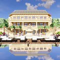 European Style Architecture Complex With Clock Tower And Garden Landscape