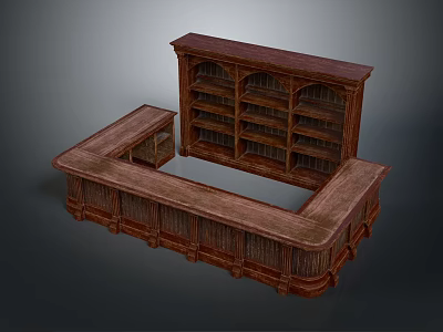 Traditional Wooden Counter And Bookshelf With Carved Details Arch Shelves And Drawer Cabinet 3d model