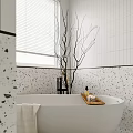 Modern Bathroom Interior Design With White Tile Walls Terrazzo Bathtub Toilet And Window Blinds