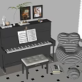 Instruments and Art Supplies with Black Piano Sheet Music Bench Framed Art and Striped Chair
