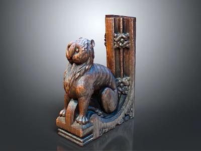 Antique Wooden Lion Carving Decorative Component With Intricate Patterns And Solid Base 3d model