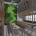 Industrial Style Restaurant Interior With Large Screen Bar Counter Wine Racks Tables And Chairs