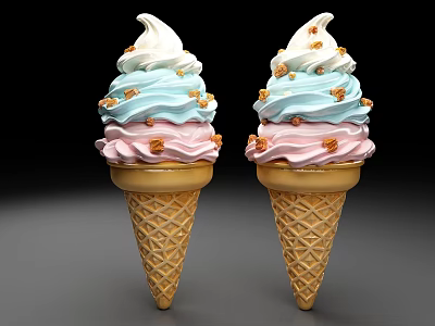Two Colorful Ice Cream Cones With Pink Blue White Layers And Golden Sprinkles 3d model