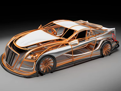 Sleek White Concept Sports Car with Orange Frame and Streamlined Futuristic Design 3d model