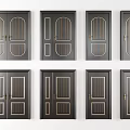 Dark Gray Swing Doors With Oval Rectangular Glass Panels And Golden Handles 3d model
